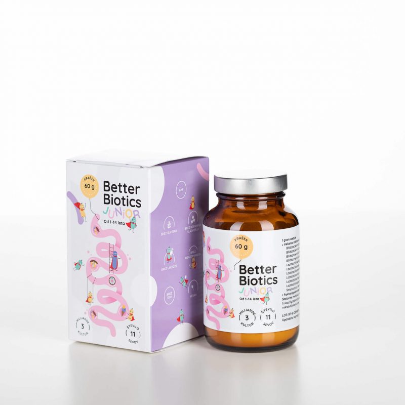 Fotografija prehranskega dopolnila Better Biotics Junior, na voljo pri podjetju SITIS. Izvedite, kaj so probiotiki in spoznajte naravne probiotike za otroke. Na voljo v trgovinah dm in Sanolabor.