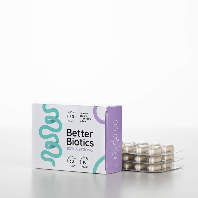 Fotografija prehranskega dopolnila Better Biotics Extra Strong, na voljo pri podjetju SITIS. Izvedite, kaj so probiotiki in spoznajte najboljše probiotike. Kupite v trgovinah dm in Sanolabor.
